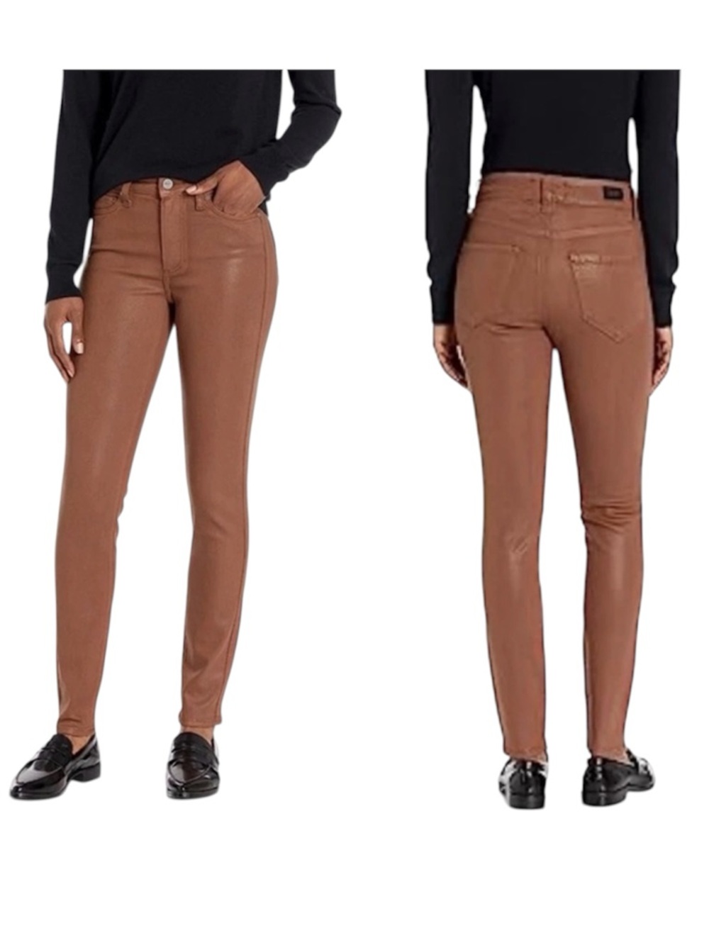 PAIGE Bombshell Lux Coated Skinny Ankle Jeans – Cognac Brown – Size 32